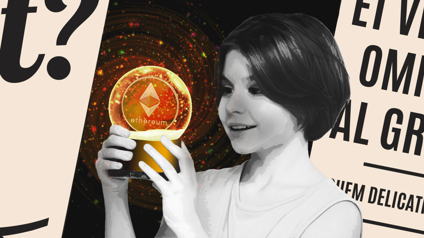 Collage-style image of a young girl holding a mounted ETH coin aloft